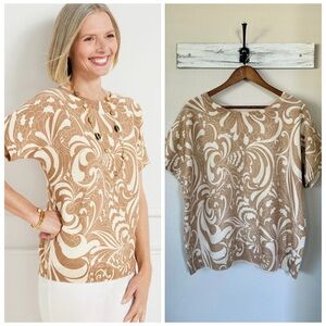 TALBOTS 2X Metallic Crewneck Sweater • Twirling Floral • Gold Paisley Top